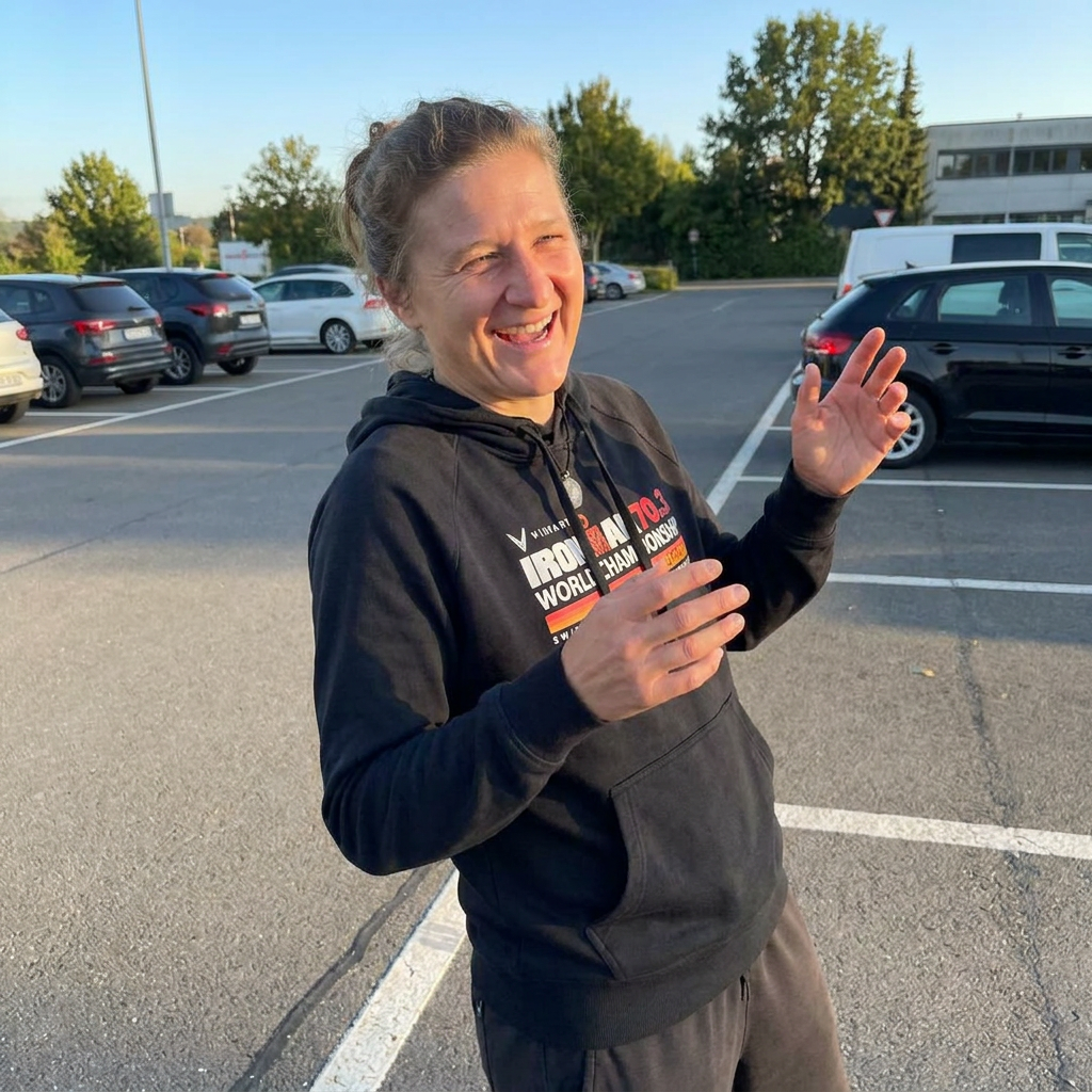 Vroni lacht im Sonnenlicht, in einem dunklen Hoodie auf einem Parkplatz